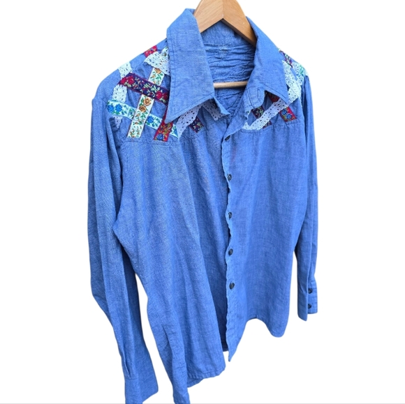 Vintage Blue Handmade Patchwork Buttondown Longsleeve Shirt - Picture 3 of 13